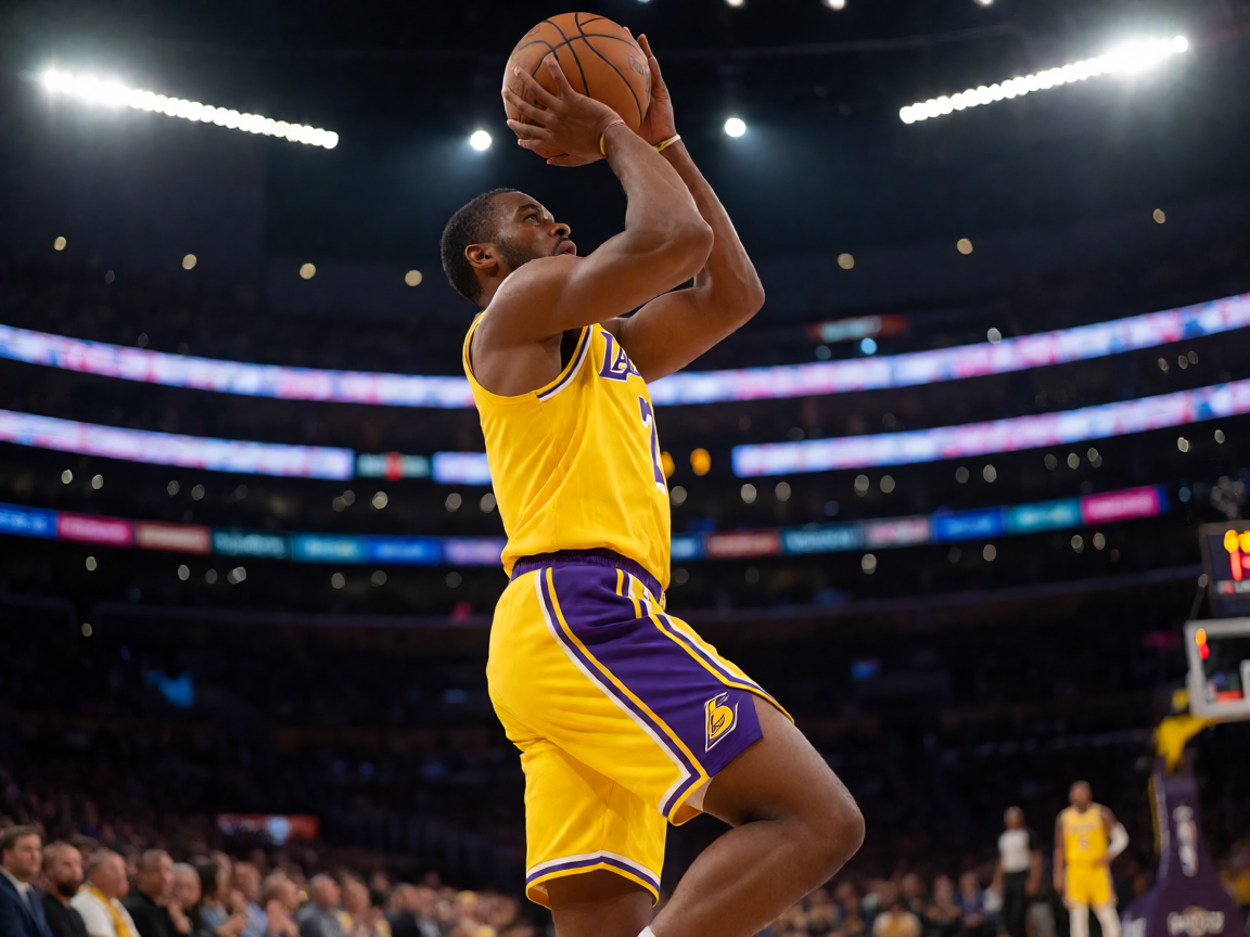 NBA洛杉矶湖人对阵金州勇士的常规赛精彩瞬间，球员跳投画面