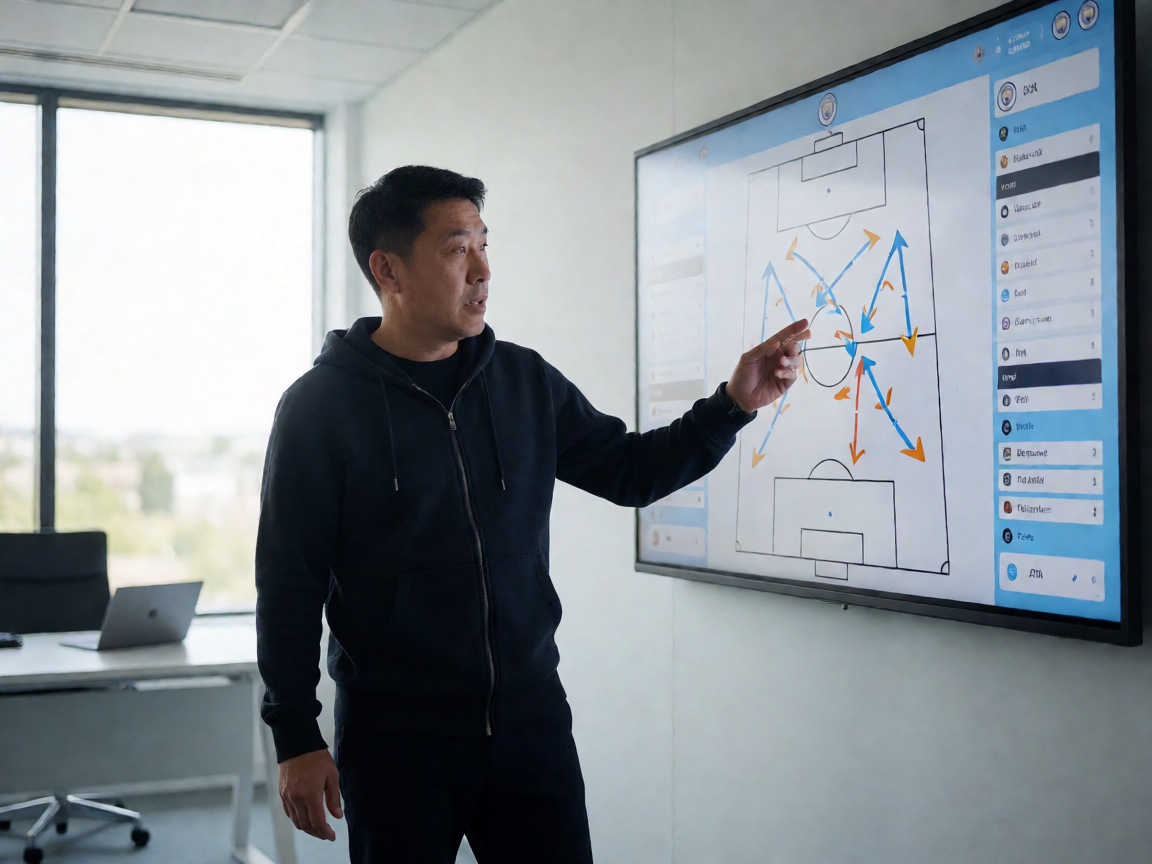 足球战术板分析示意图,展示球队阵型布置和球员跑位路线