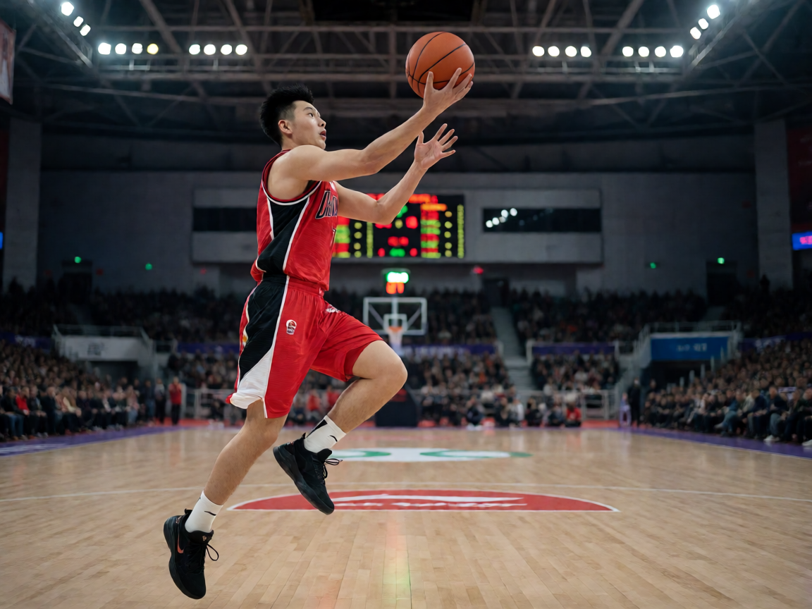 CBA联赛辽宁本钢队球员在比赛中突破上篮的精彩画面